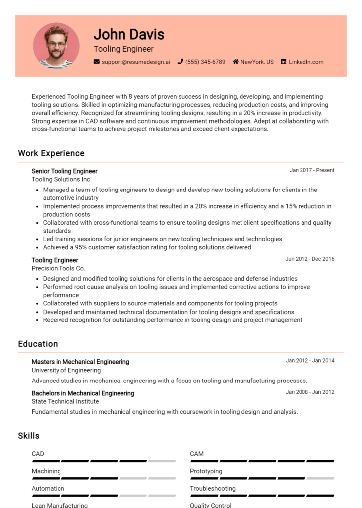 Tooling Engineer Resume Example