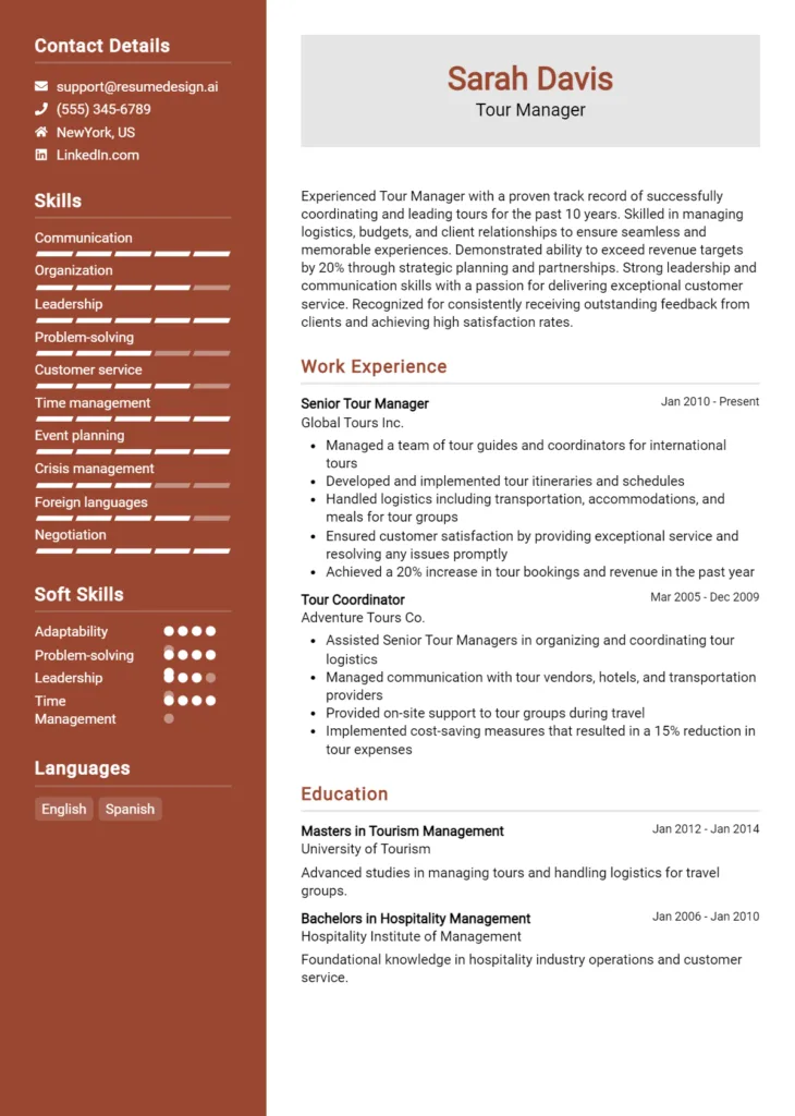 Tour Manager Resume Example