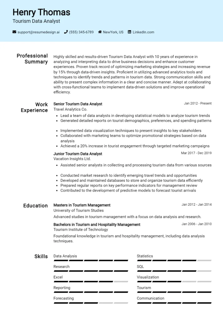Tourism Data Analyst Resume Example