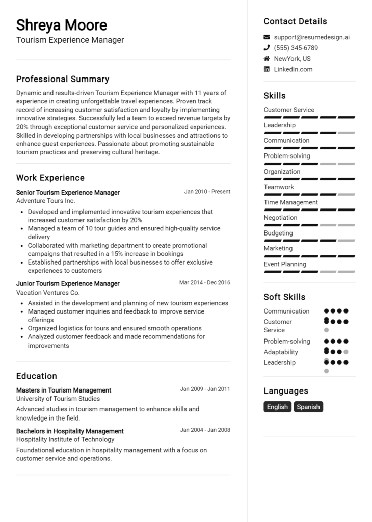 Tourism Experience Manager Resume Example