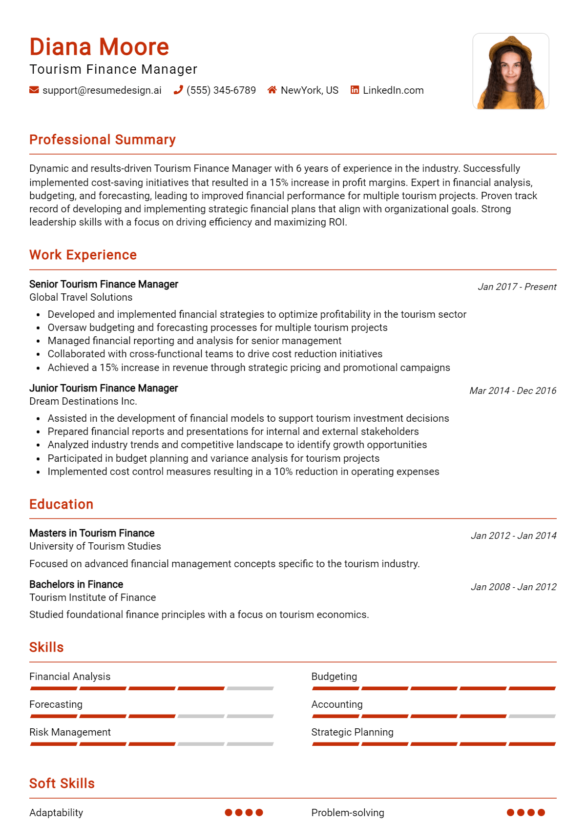 Tourism Finance Manager Resume Example