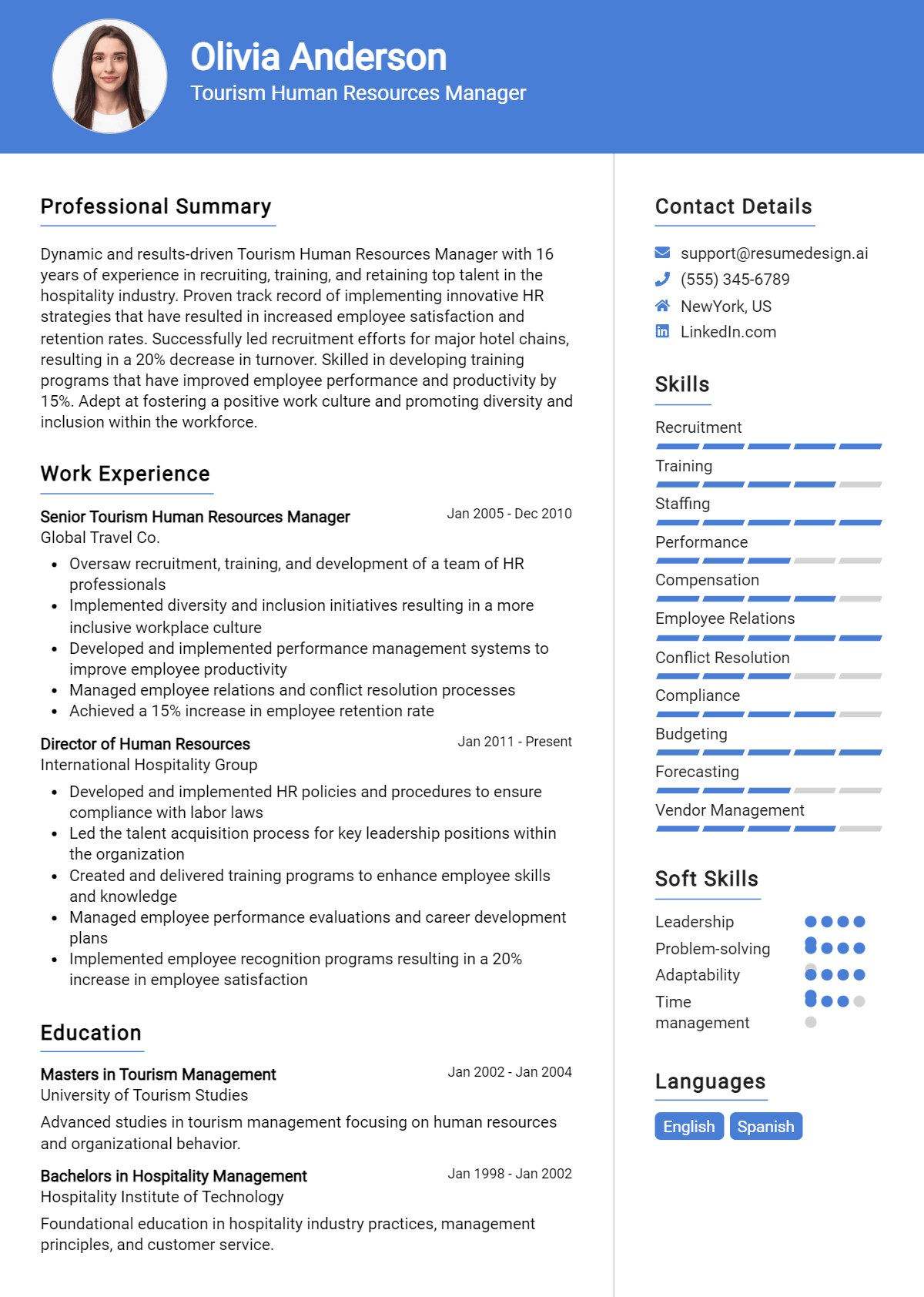 Tourism Human Resources Manager Resume Example