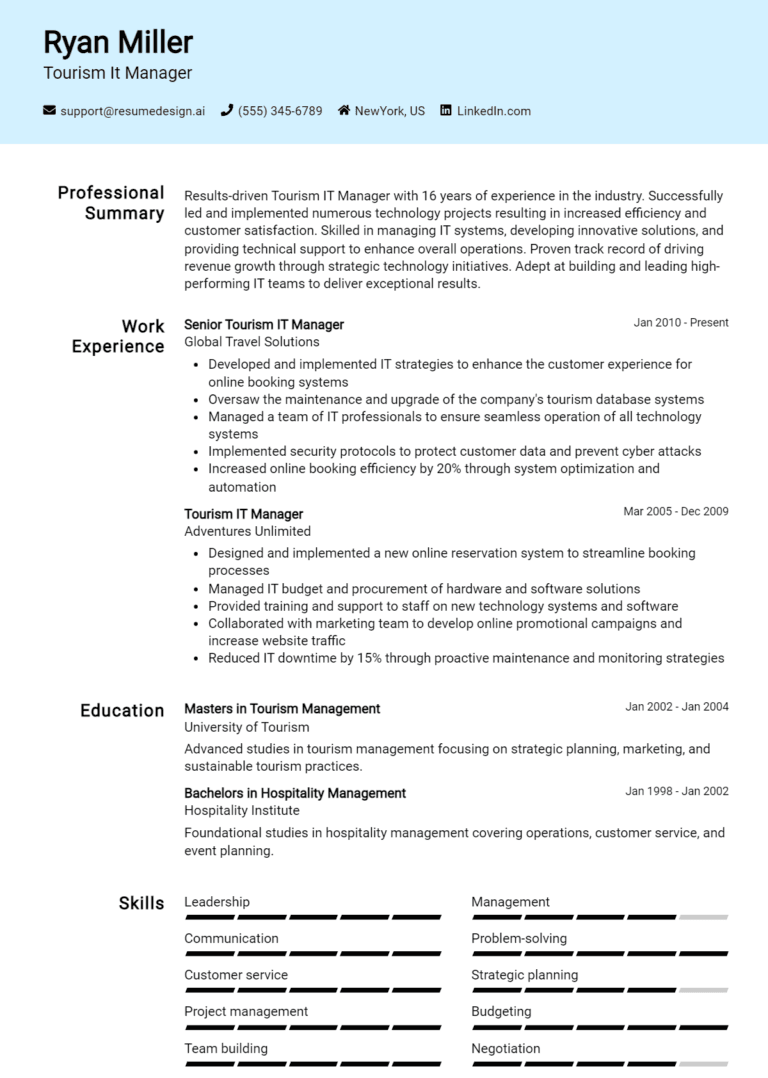 18 Tourism IT Manager Resume Examples And Templates for 2025