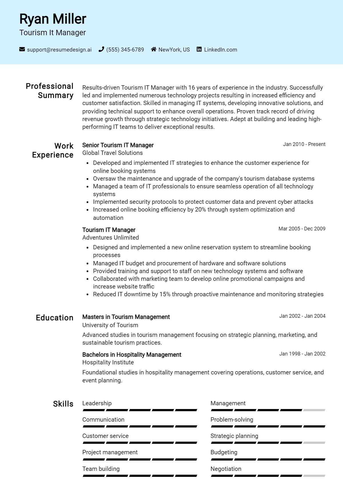 Tourism It Manager Resume Example