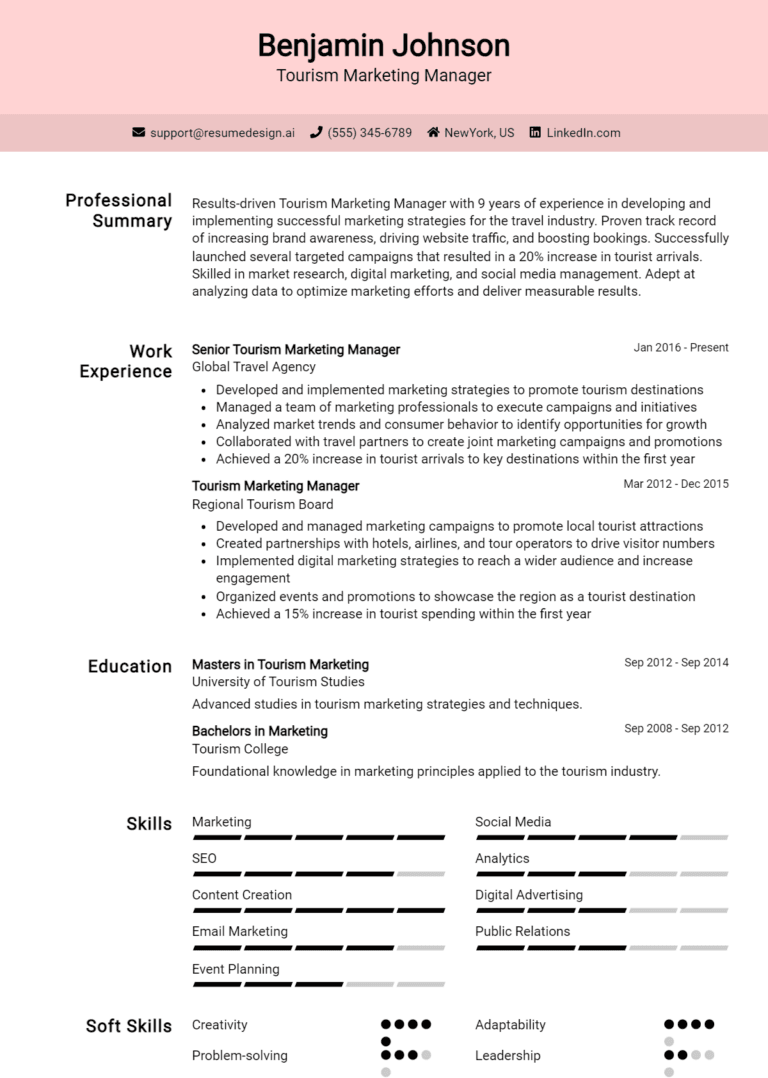 18 Tourism Marketing Manager Resume Examples And Templates for 2025 [Guide]