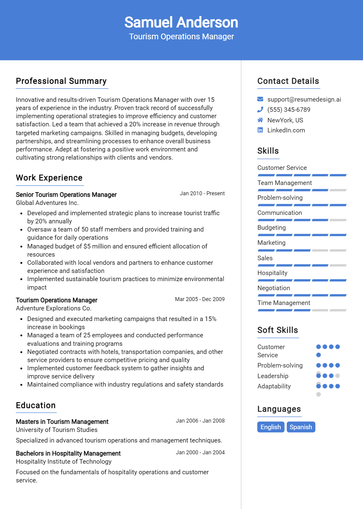 Tourism Operations Manager Resume Example