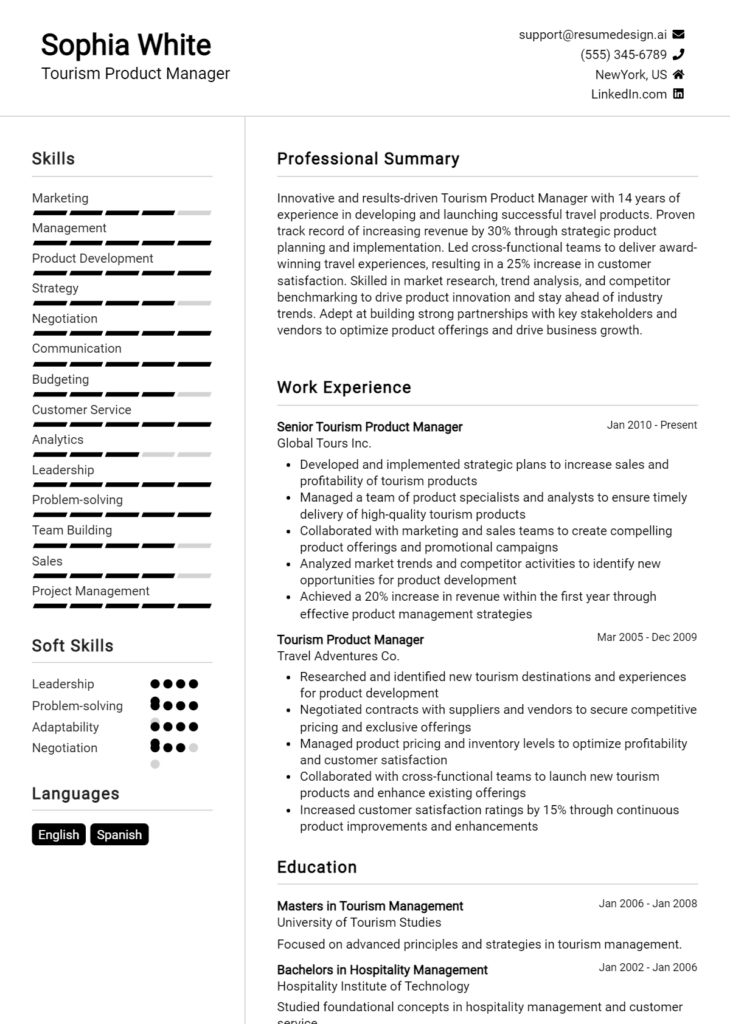 Tourism Product Manager Resume Example