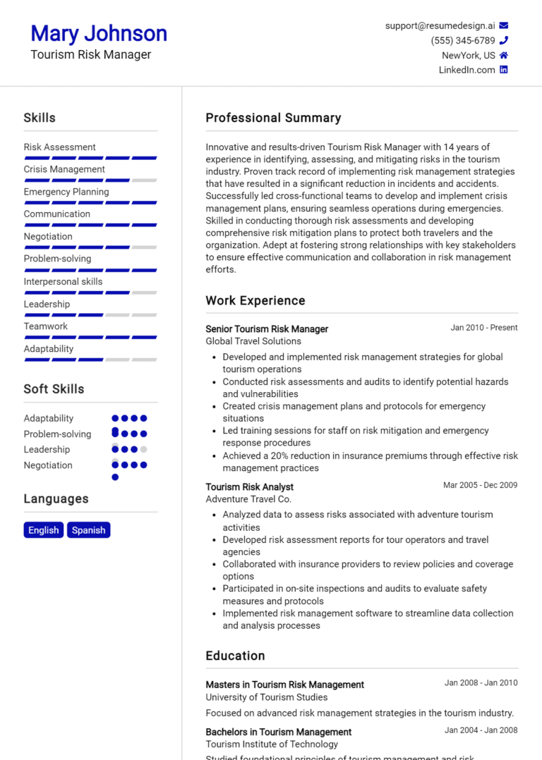 18 Tourism Risk Manager Resume Examples And Templates for 2025 [Guide]