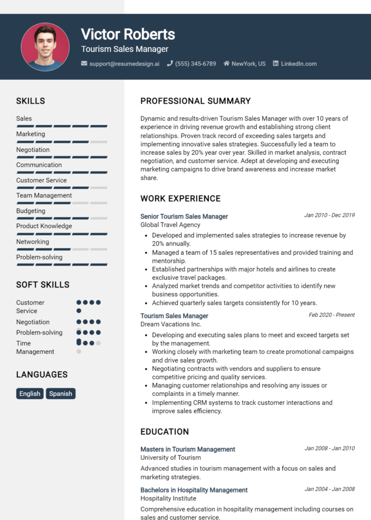 Tourism Sales Manager Resume Example