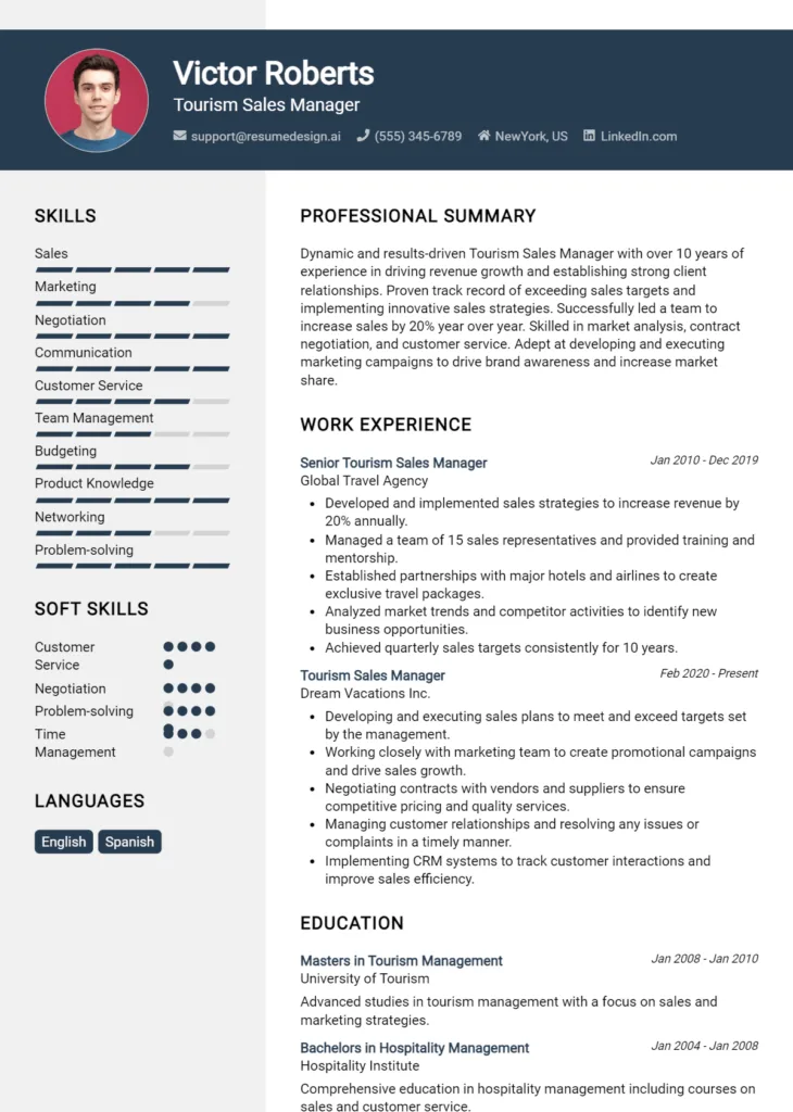 Tourism Sales Manager Resume Example