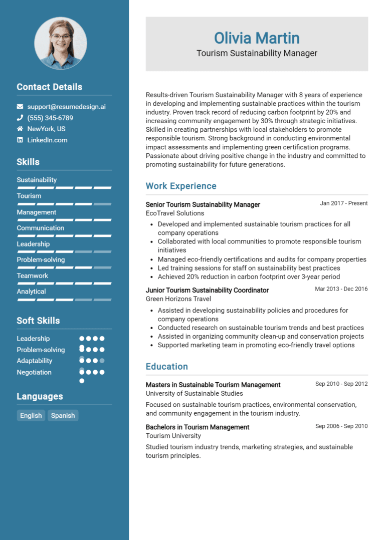 18 Tourism Sustainability Manager Resume Examples And Templates for 2025