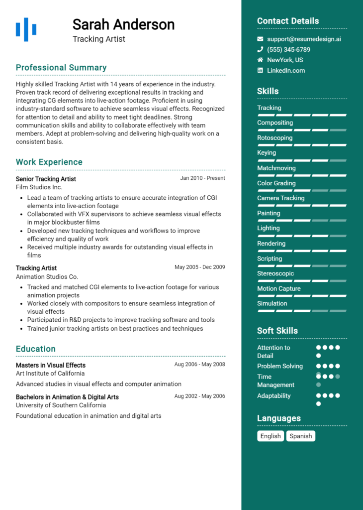 Tracking Artist Resume Example