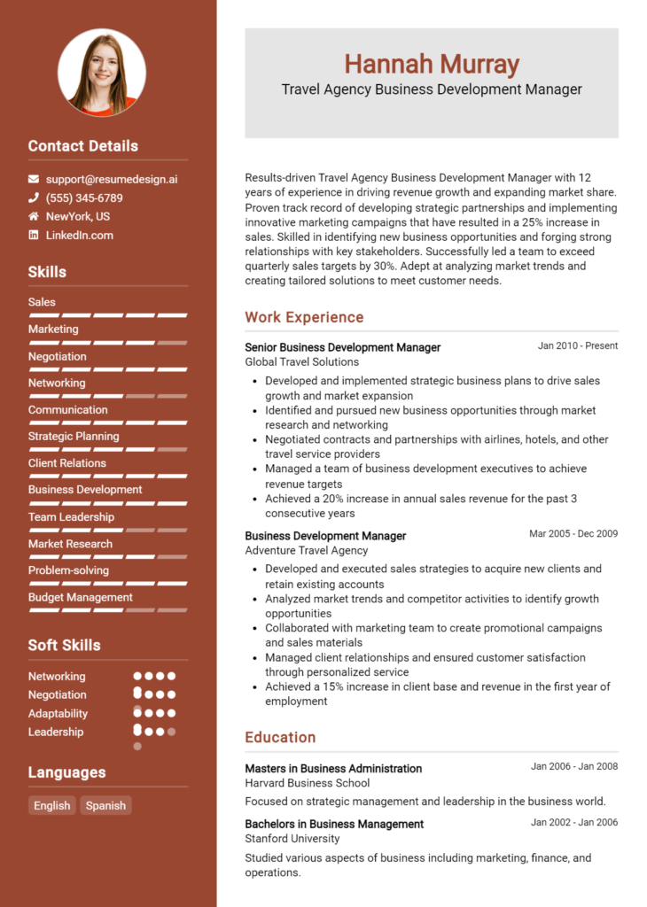 Travel Agency Business Development Manager Resume Example