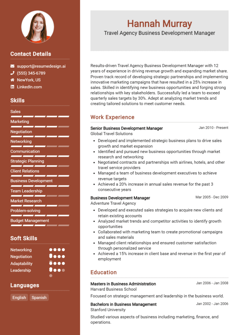 18 Travel Agency Business Development Manager Resume Examples And Templates for 2025