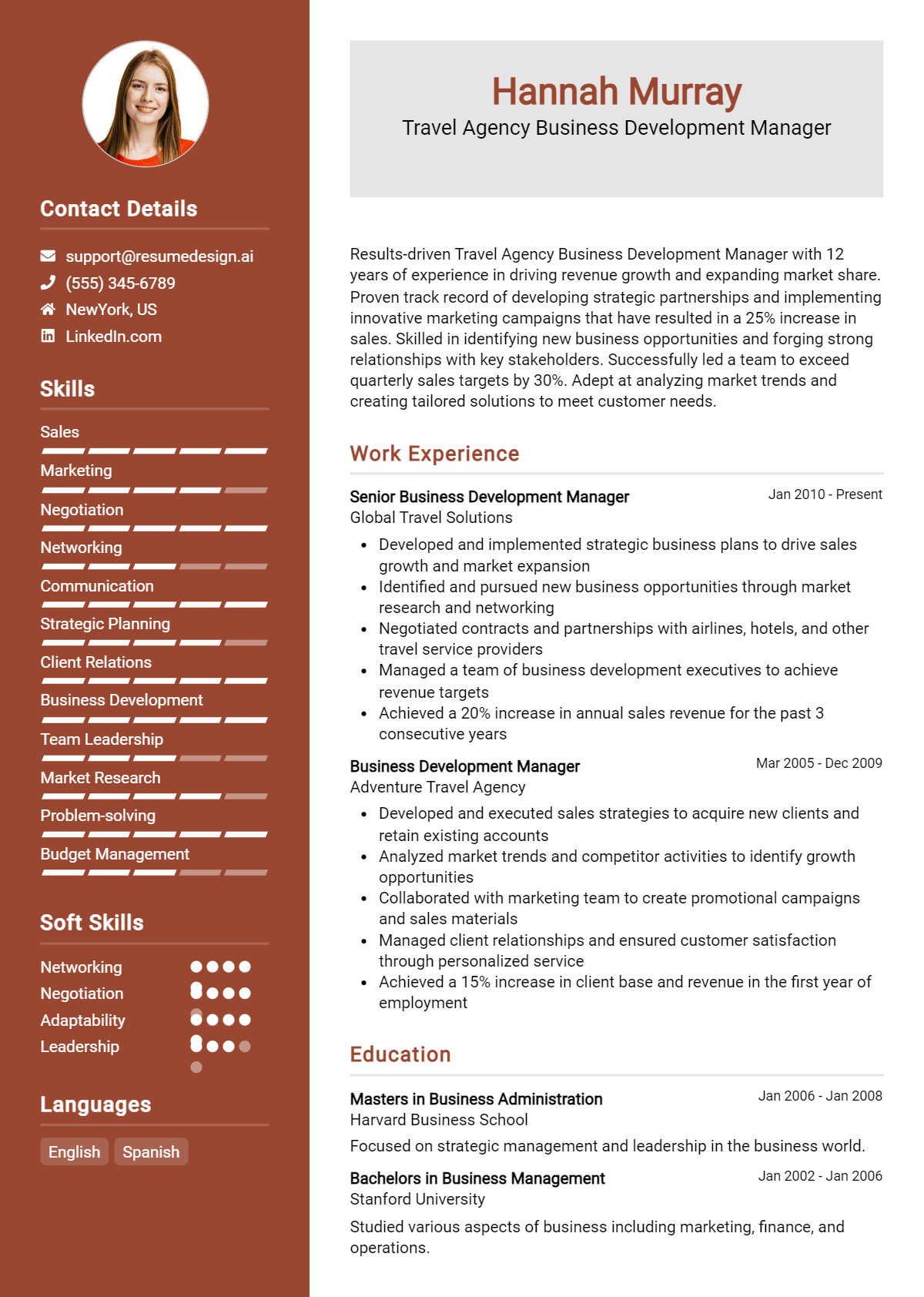 Travel Agency Business Development Manager Resume Example