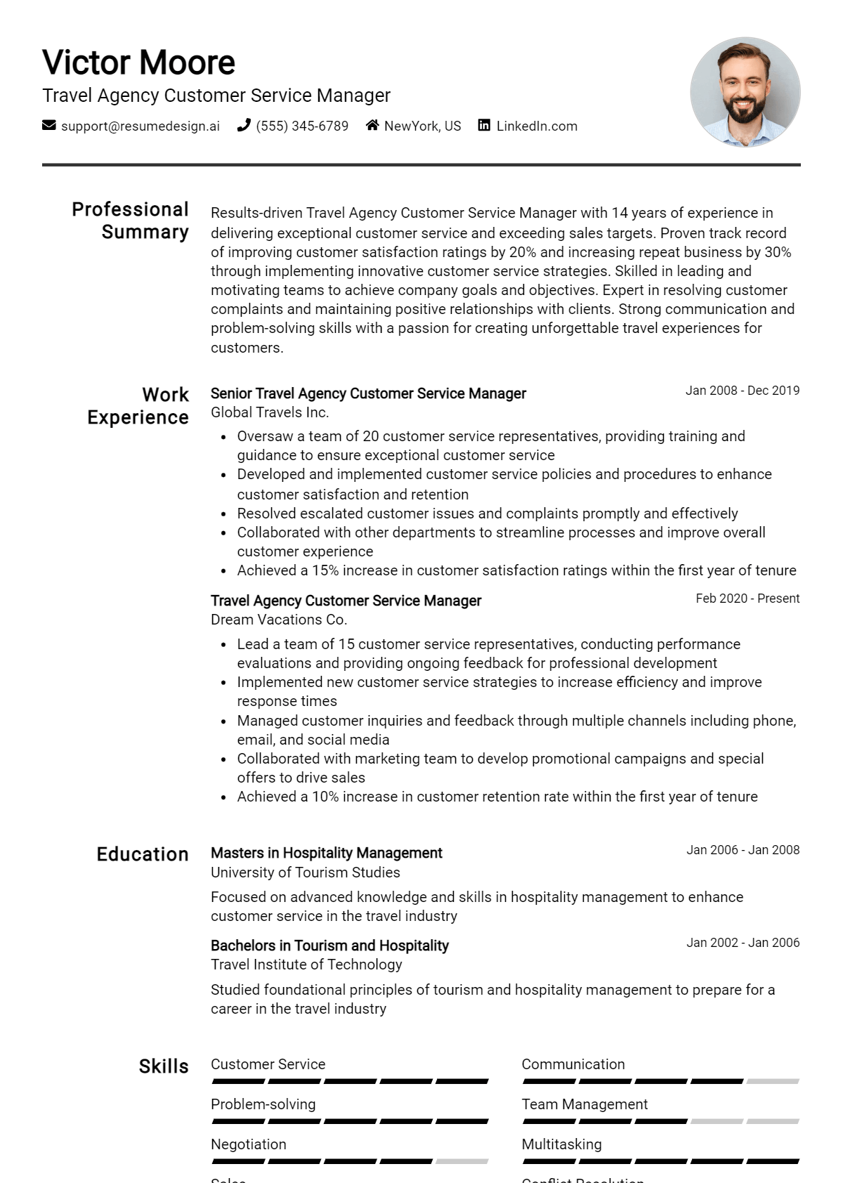 Travel Agency Customer Service Manager Resume Example