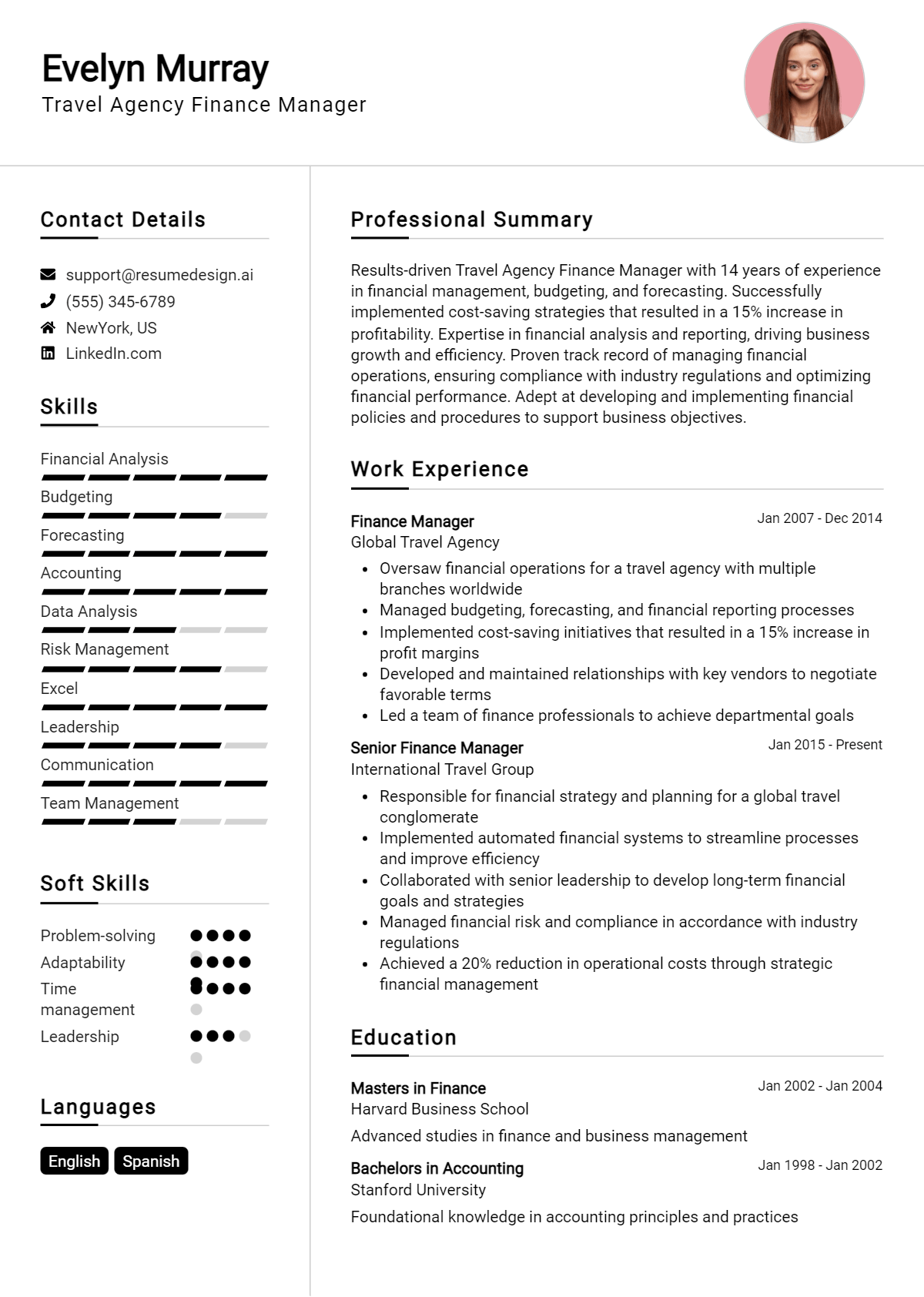 Travel Agency Finance Manager Resume Example