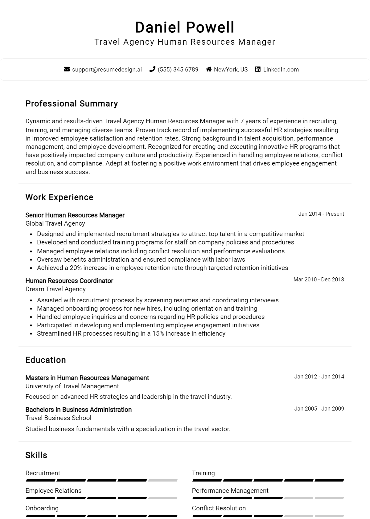 Travel Agency Human Resources Manager Resume Example