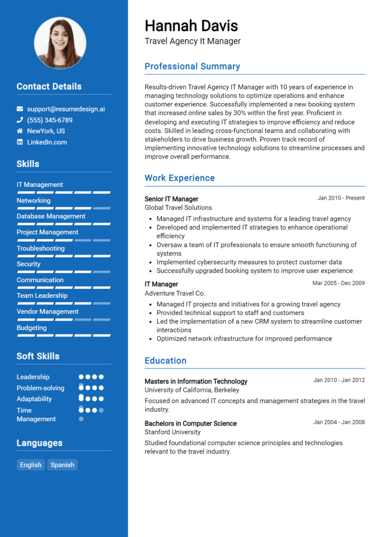18 Travel Agency IT Manager Resume Examples And Templates for 2025