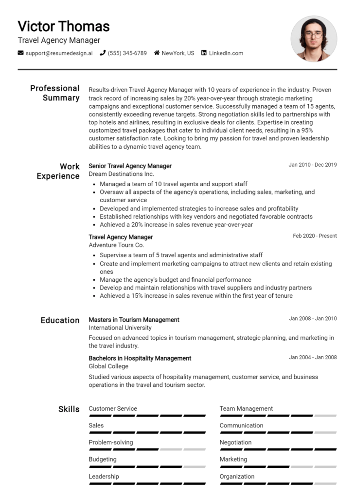 Travel Agency Manager Resume Example