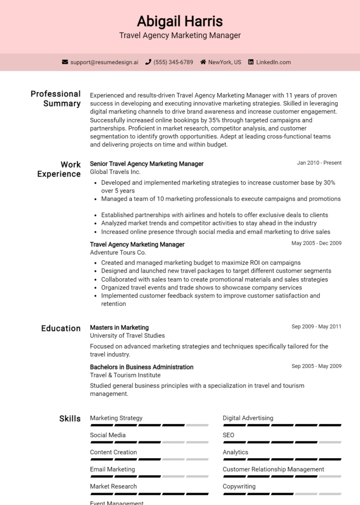 Travel Agency Marketing Manager Resume Example