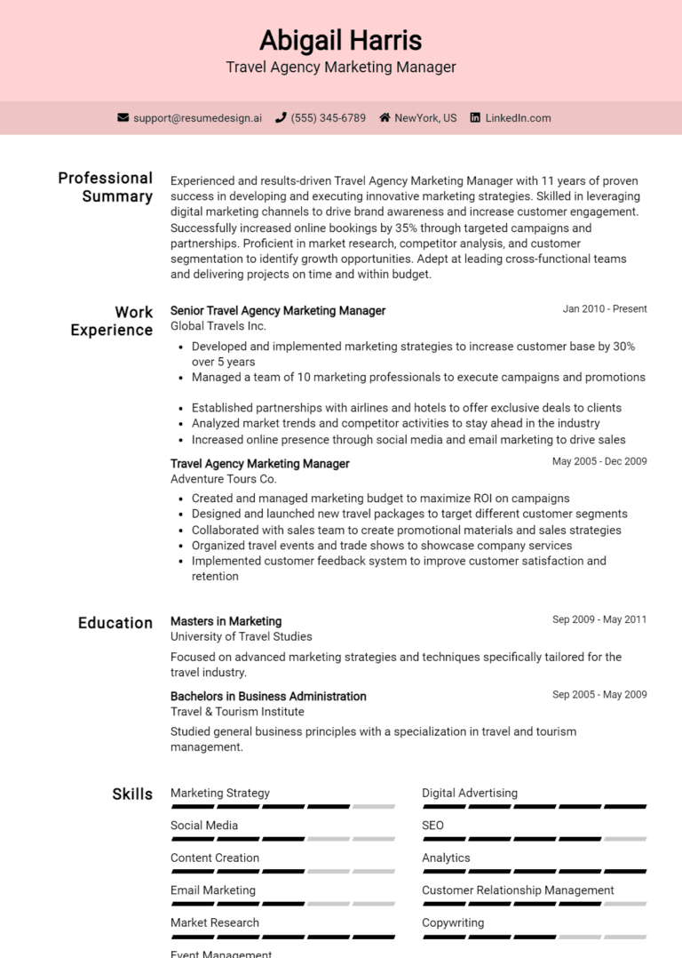 18 Travel Agency Marketing Manager Resume Examples And Templates for 2025 (Downloadable)
