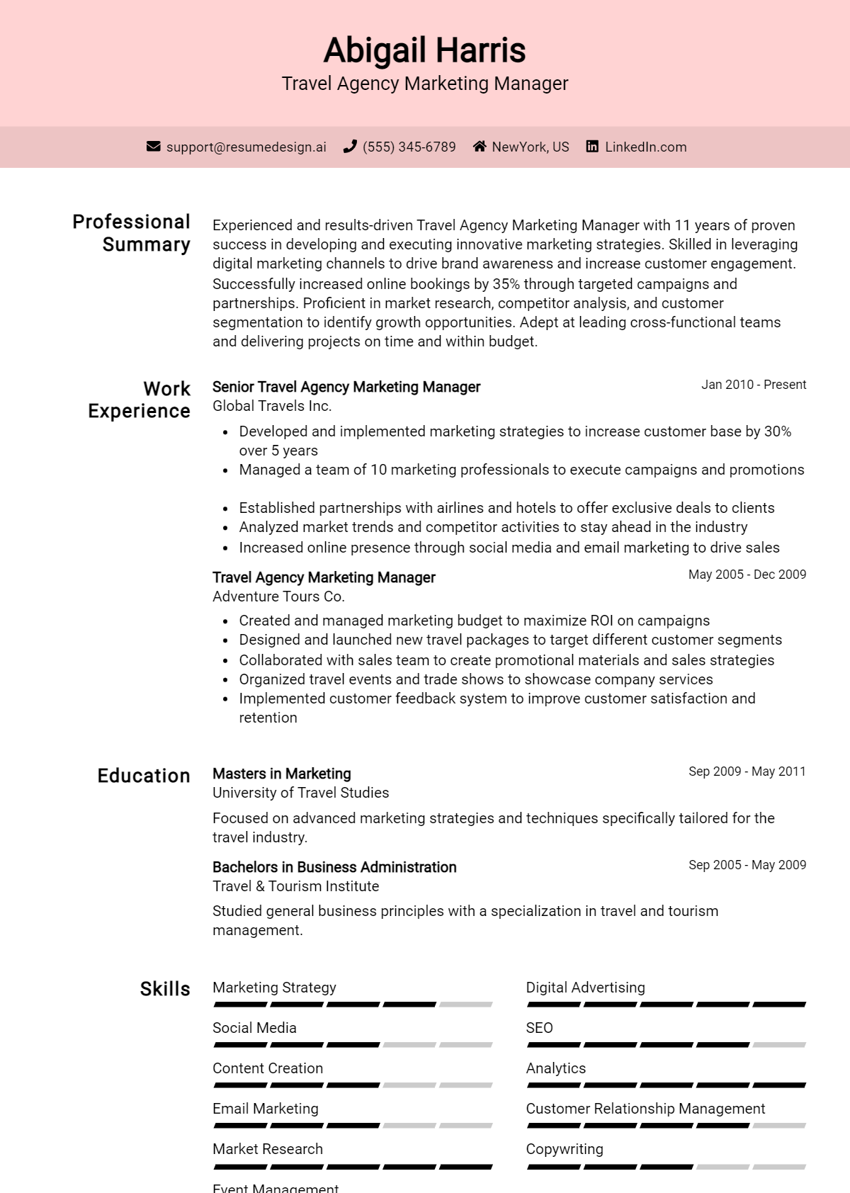 Travel Agency Marketing Manager Resume Example