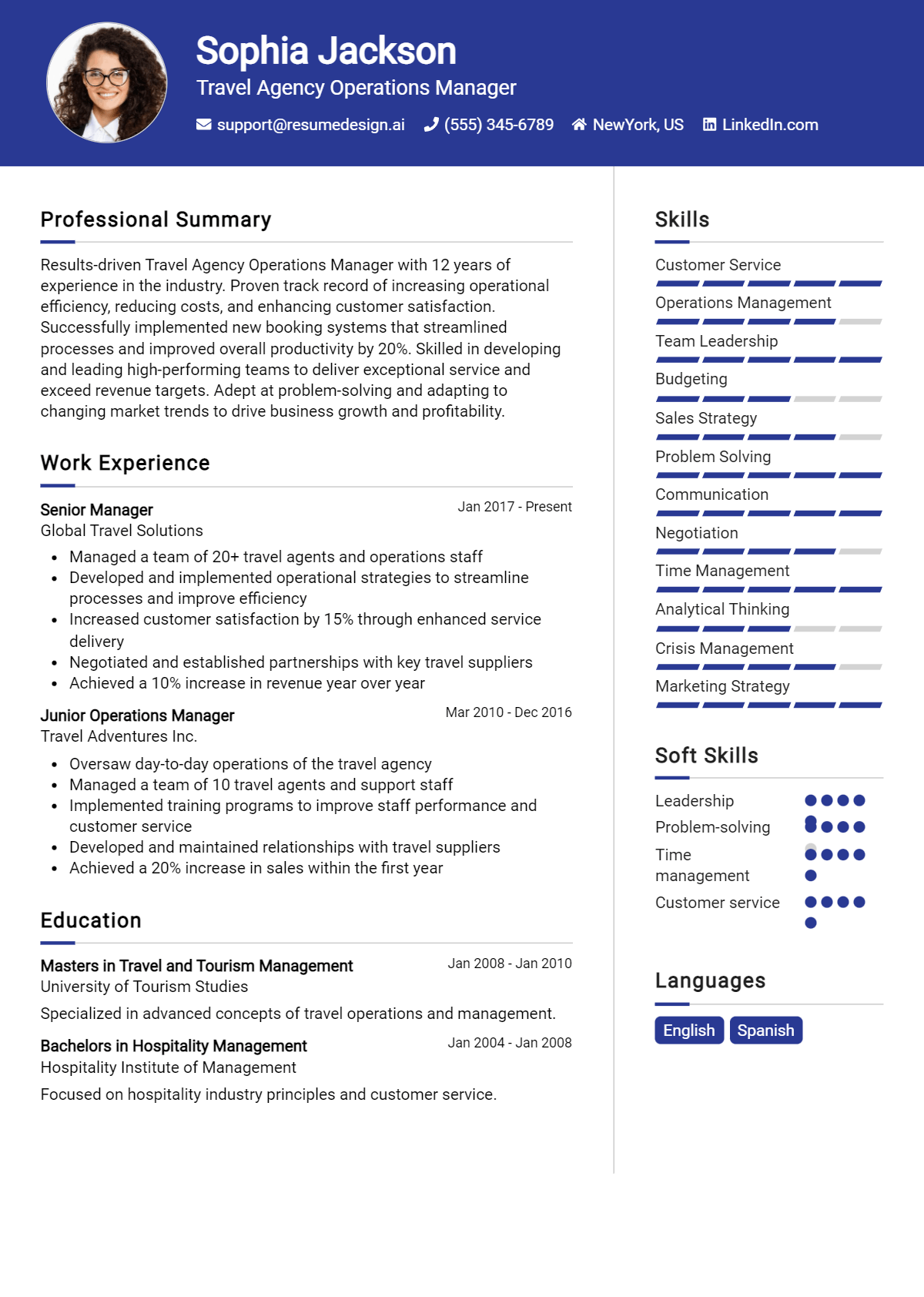 Travel Agency Operations Manager Resume Example