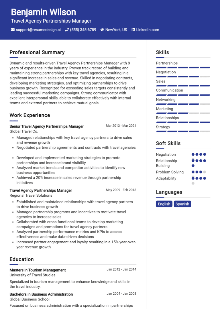 18 Travel Agency Partnerships Manager Resume Examples And Templates for 2025