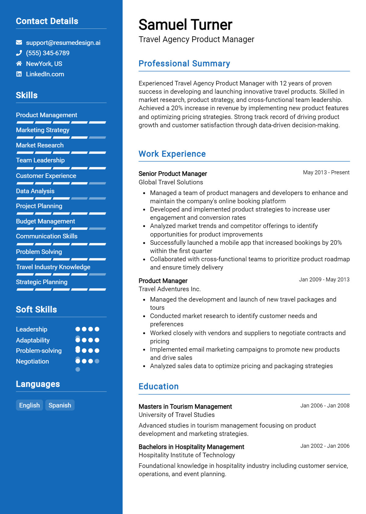 Travel Agency Product Manager Resume Example