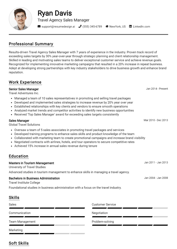 Travel Agency Sales Manager Resume Example