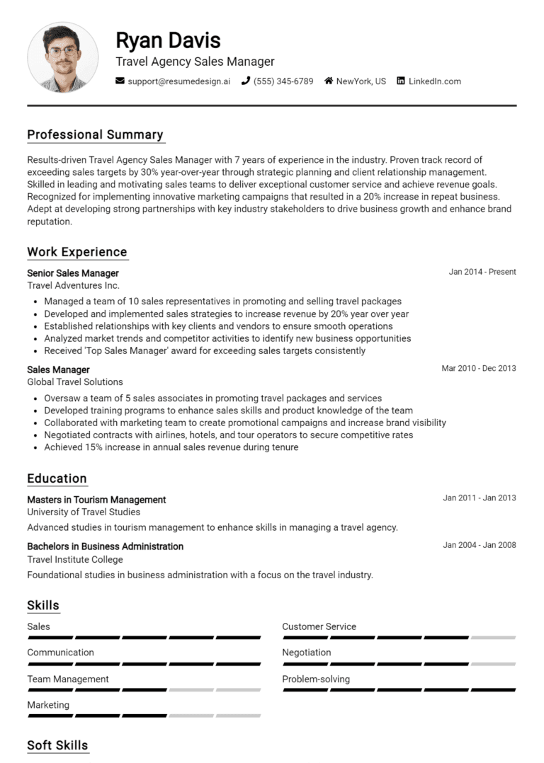 18 Travel Agency Sales Manager Resume Examples And Templates for 2025: Top Tips