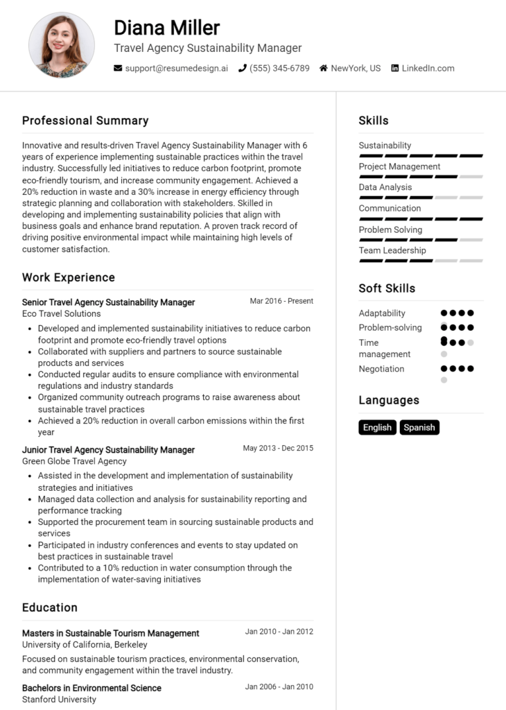 Travel Agency Sustainability Manager Resume Example