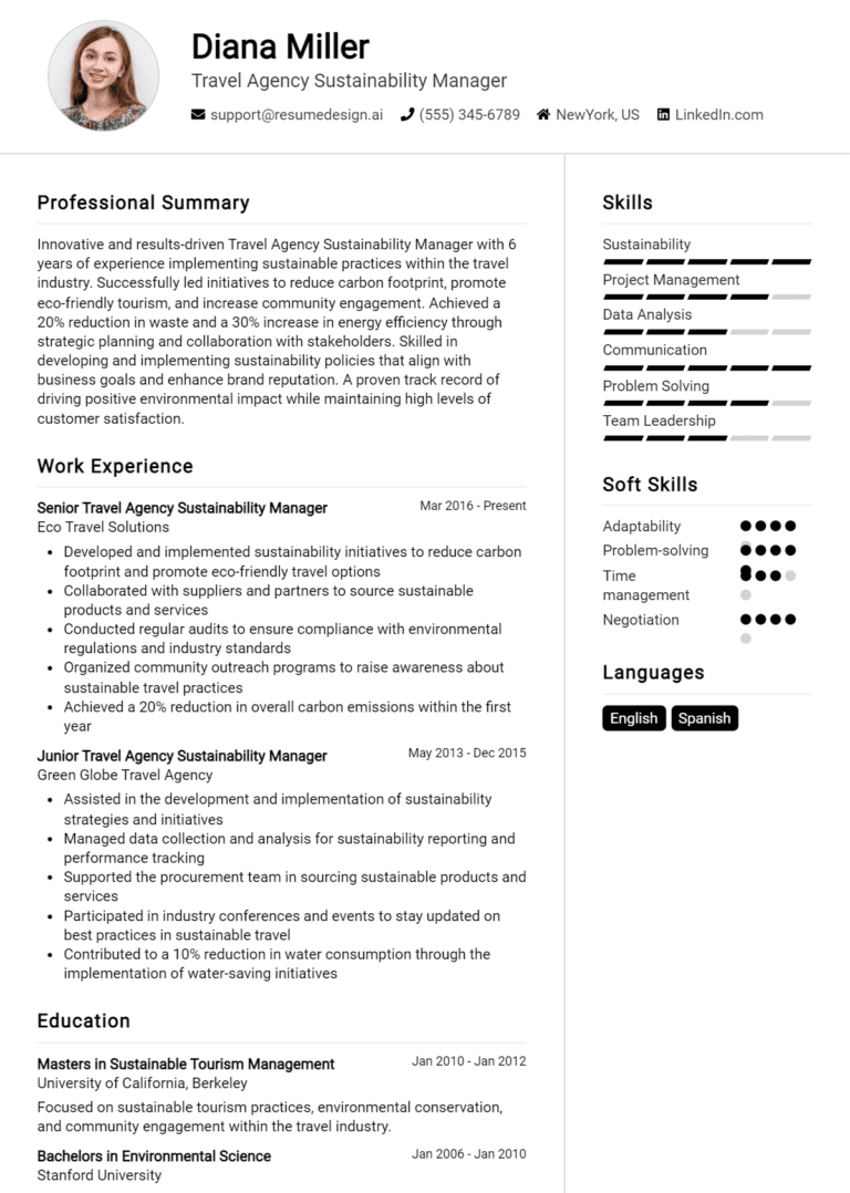 18 Travel Agency Sustainability Manager Resume Examples And Templates for 2025