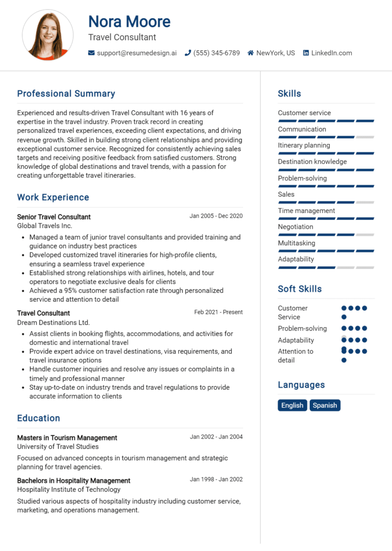 18 Travel Consultant Resume Examples And Templates for 2025 [Guide]
