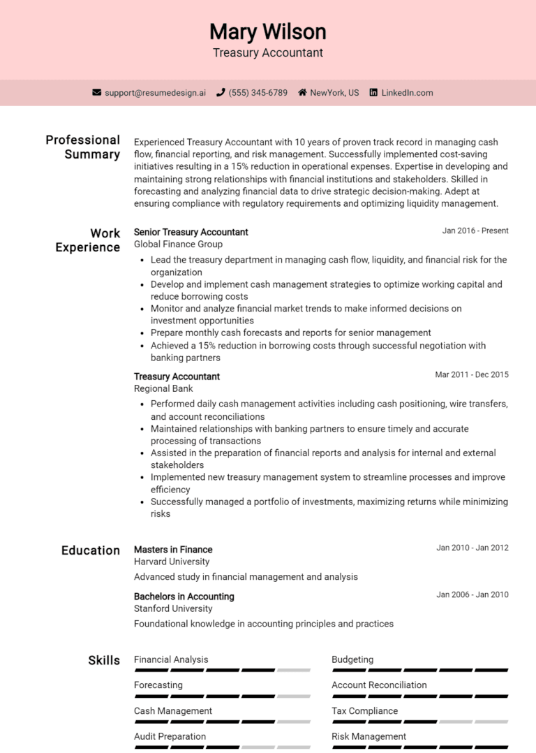 18 Treasury Accountant Resume Examples And Templates for 2025