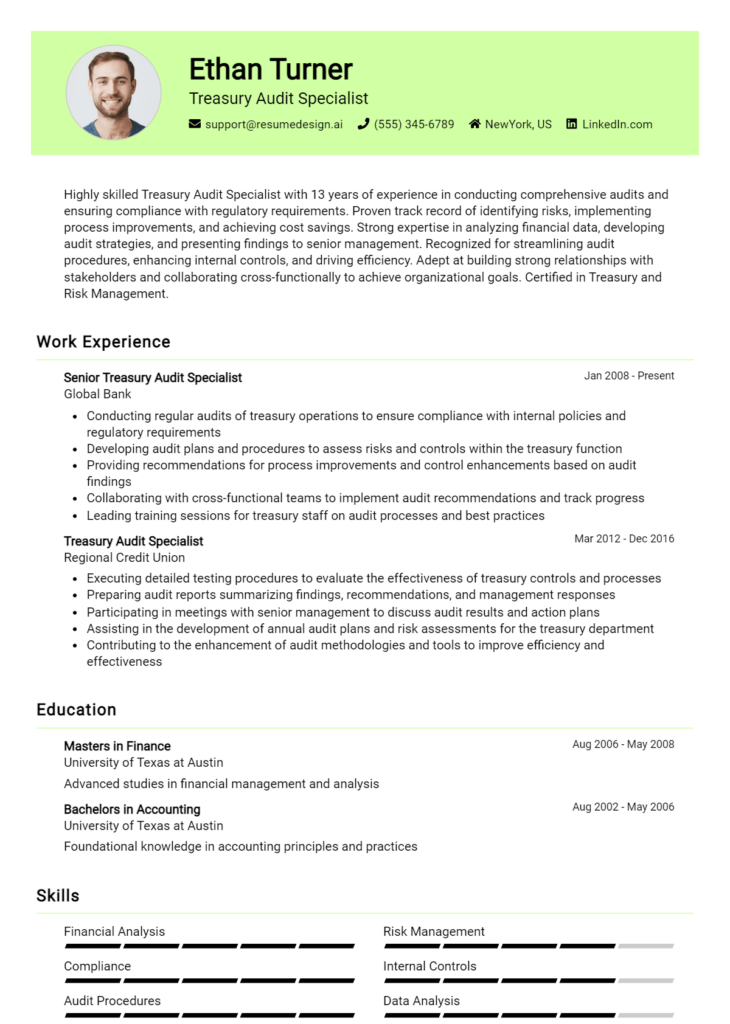 Treasury Audit Specialist Resume Example