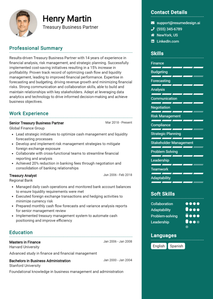 Treasury Business Partner Resume Example