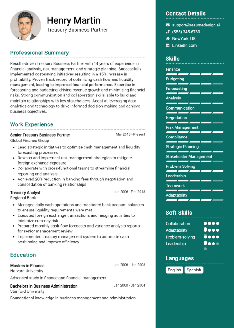 18 Treasury Business Partner Resume Examples And Templates for 2025