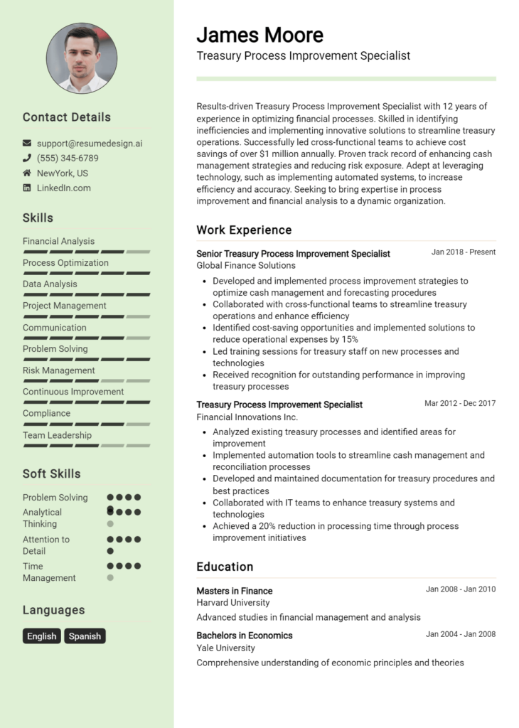 Treasury Process Improvement Specialist Resume Example