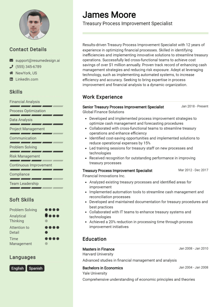 18 Treasury Process Improvement Specialist Resume Examples And Templates for 2025