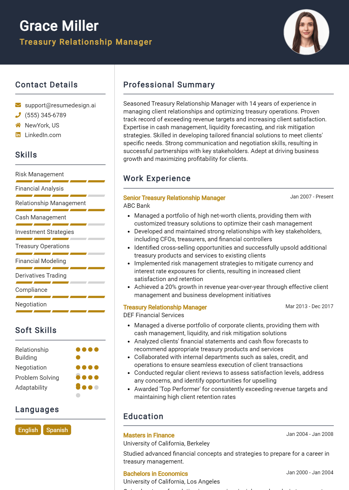 Treasury Relationship Manager Resume Example