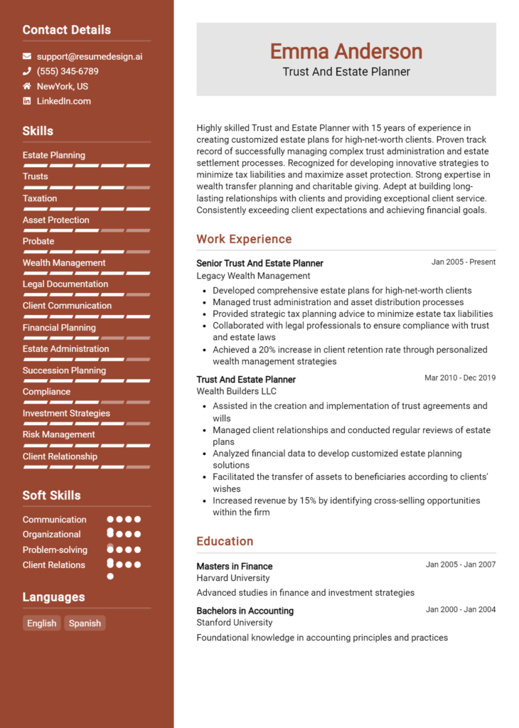 Trust And Estate Planner Resume Example