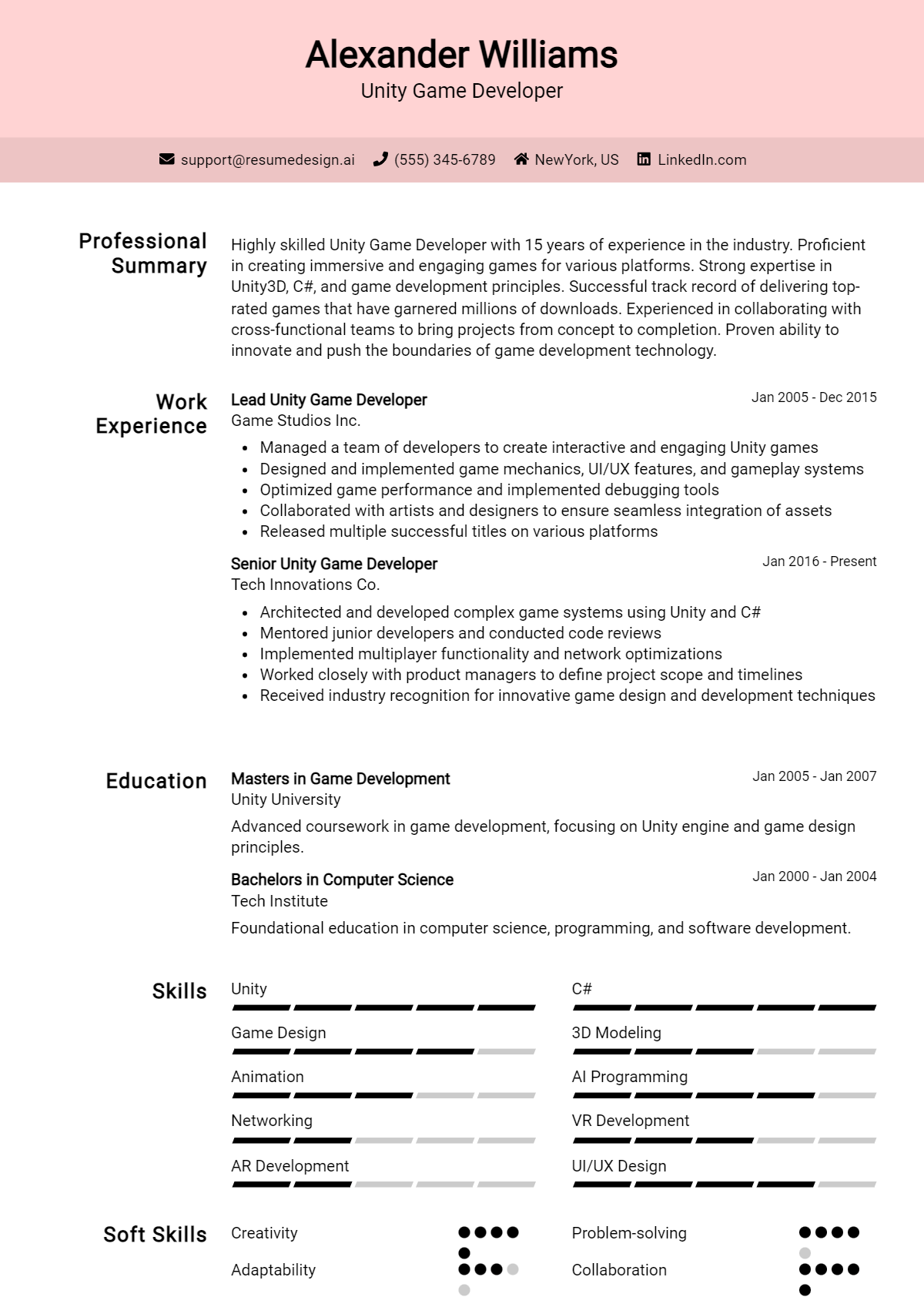 Unity Game Developer Resume Example