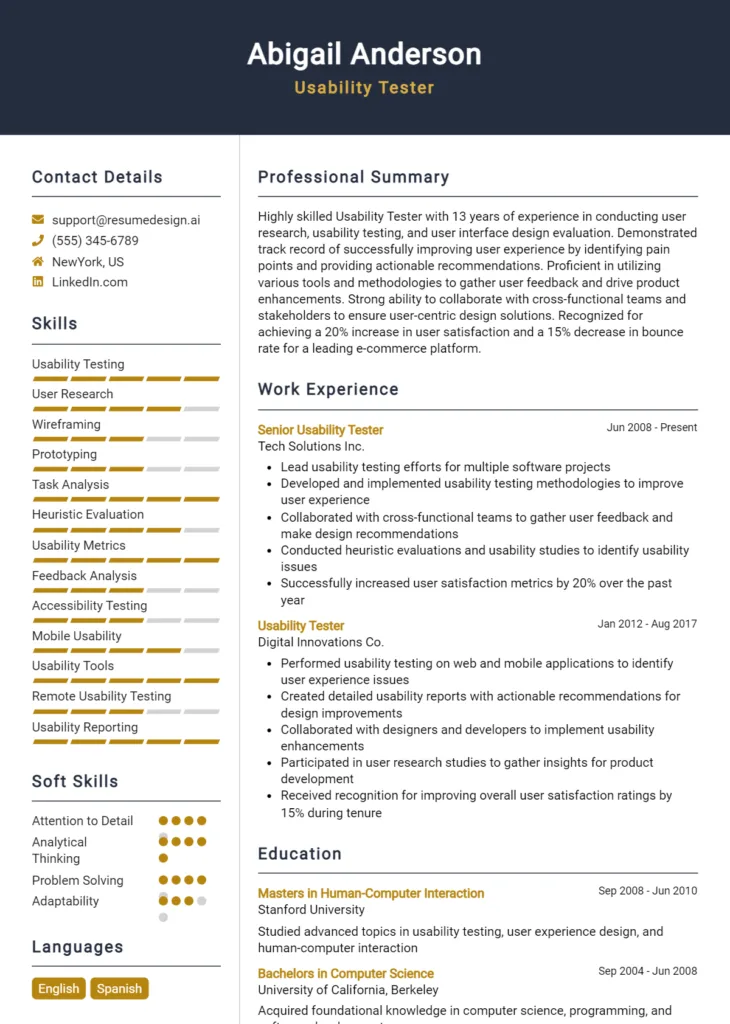Usability Tester Resume Example