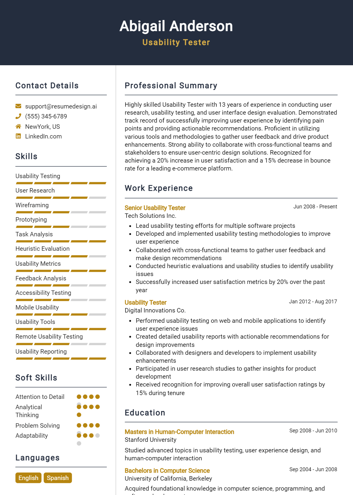 Usability Tester Resume Example