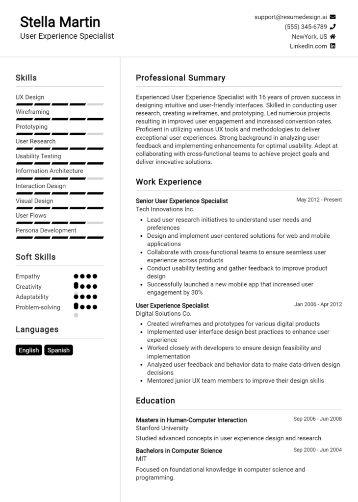 User Experience Specialist Resume Example