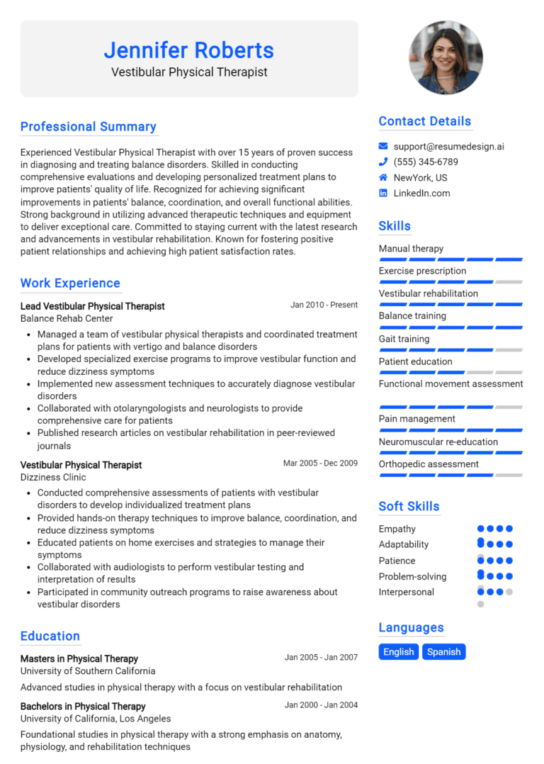 16 Vestibular Physical Therapist Resume Examples And Templates for 2025