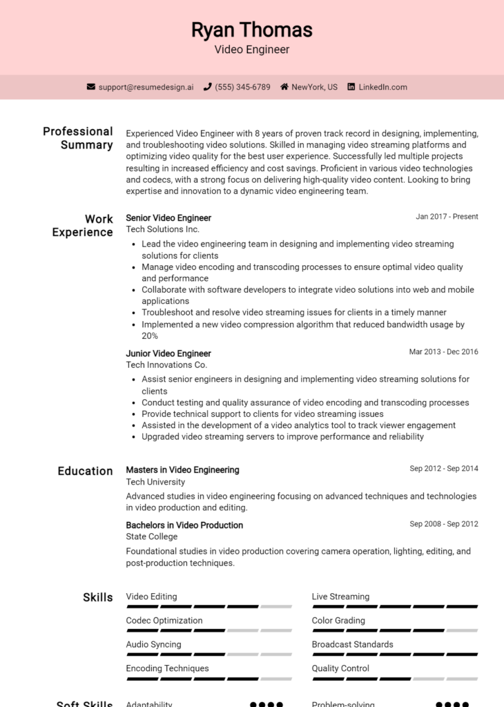 Video Engineer Resume Example