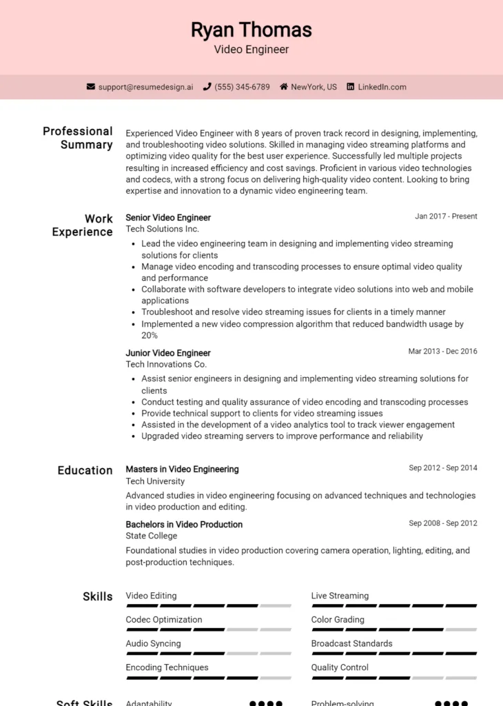 Video Engineer Resume Example